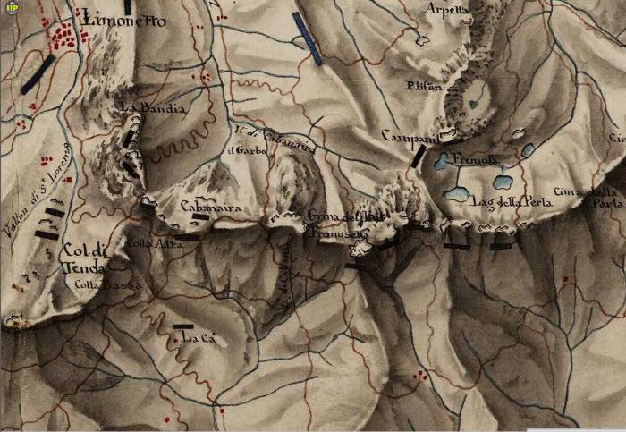 Carte militaire du col de Tende avec les têtes des Vallées de Pesio, Intraque, et de Limon, et de la haute Roya ; pour l'intelligence d'un projet d'attaque sur les flancs du col de Tende, en 1795. Dessinée par le dessinateur topographe Pierre Audé sous la direction du Colonel Marquis Costa de l'Etat Major, 1796. ASTO, Turin, Tenda 22 A V Rosso.