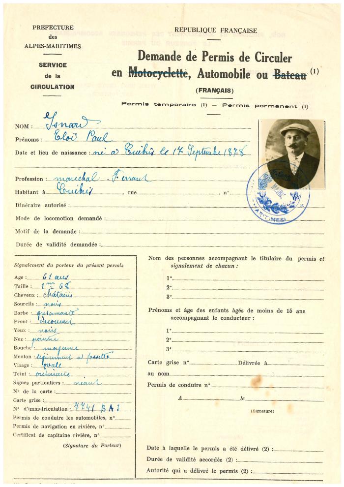 [Demande de permis de circuler en automobile]