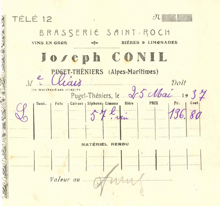 Facture de la Brasserie Saint Roch. Vins en gros - Bières &amp; limonades. Joseph Conil, Puget-Théniers