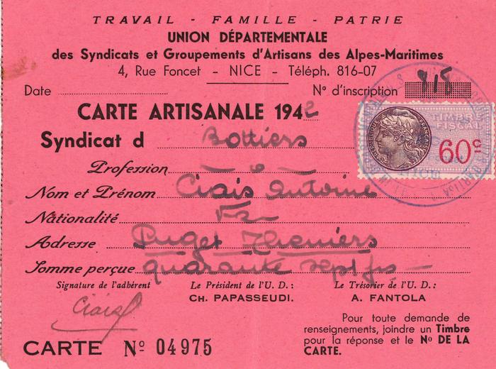 Carte artisanale 1942, syndicat des Bottiers.