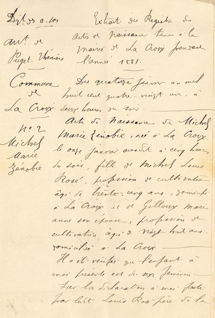 Extrait du registre des actes de naissance tenu à la Mairie de La Croix Pendant l'année 1881.[Acte de Naissance de Michel Marie Zenobie le 11 janvier 1881