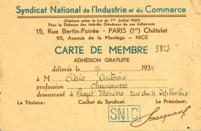 arte de membre du Syndicat National de l'Industrie et du Commerce [adressée à Ciais, Antoine, 01/01/1934.]