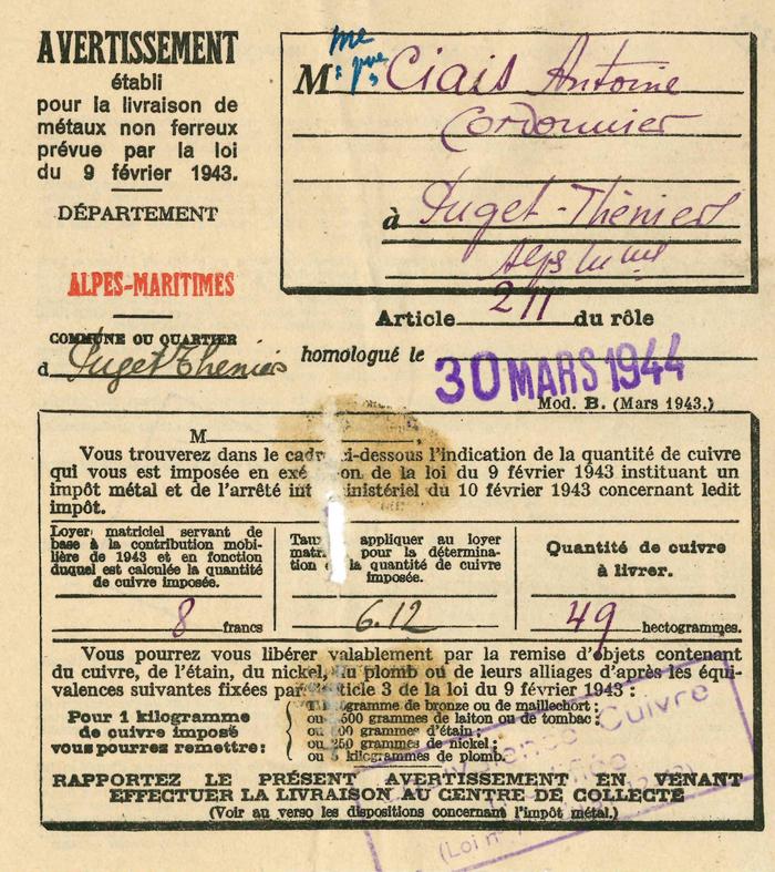 Avertissement établi pour la livraison de métaux non ferreux prévue par la loi du 9 février 1943