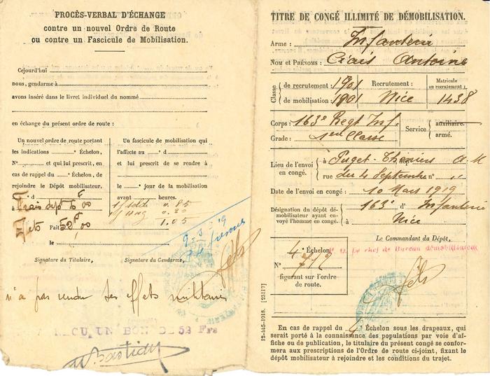 Titre de congé illimité de démobilisation [adressé à Ciais Antoine le 10 mars1919.