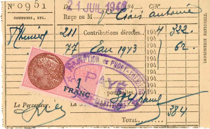 [Quittance de contribution directe année 1944 et eau année 1943], Perception de Puget-Théniers.