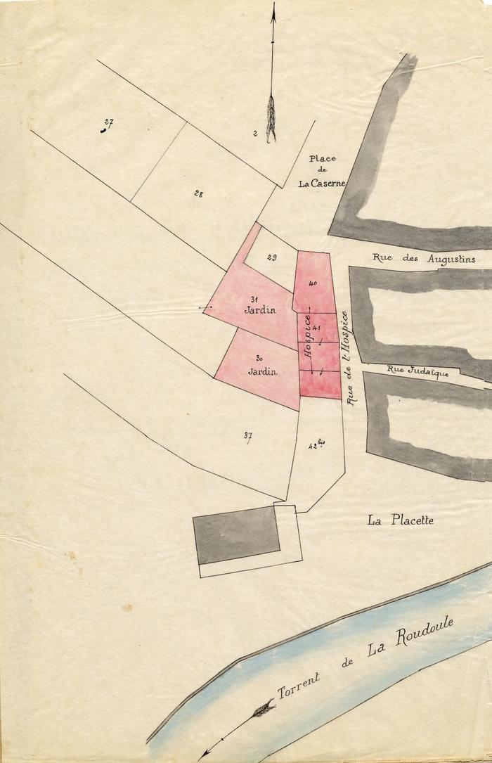 Puget-Théniers -plan de l'hospice actuel. M. Michel, conducteur des Ponts et Chaussées, 14 avril 1897. Archives départementales des Alpes-Maritimes, 1X198.