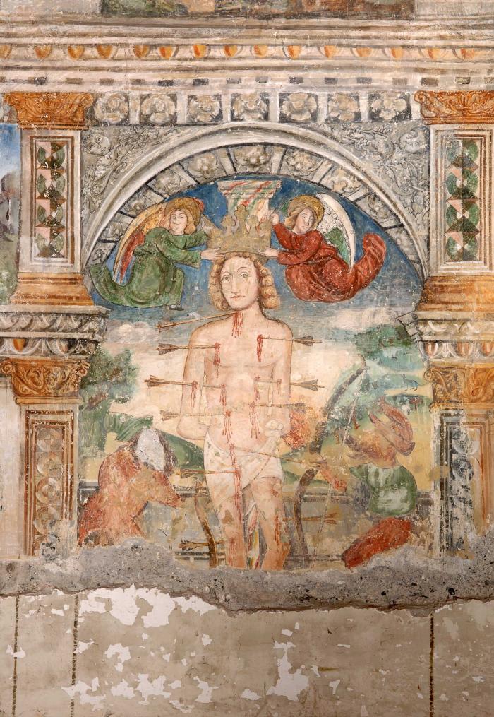 Peinture Murale - détail Saint Sébastien - Andrea da Cella - Chapelle Saint-Sébastien - Saint Roch - Entraunes - 1516