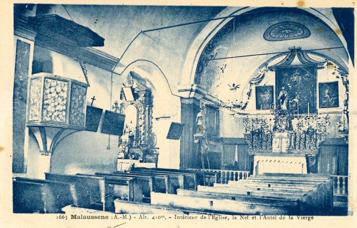 1663 Malaussène (A.-M.) - Alt. 410 m. - Intérieur de l'Eglise, la nef et l'autel de la Vierge