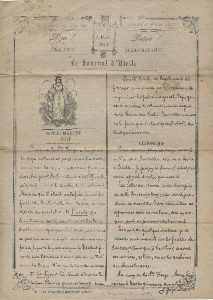Le journal d'Utelle n°10, 5 Mars 1914.