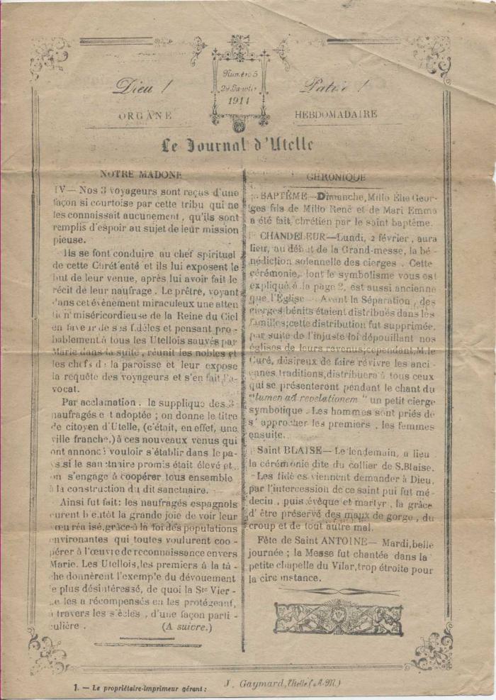 Le journal d'Utelle n°5, 26 janvier 1914.