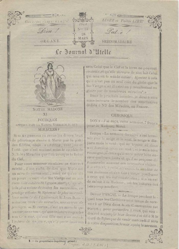 Le journal d'Utelle n°13, 28 Mars 1914.