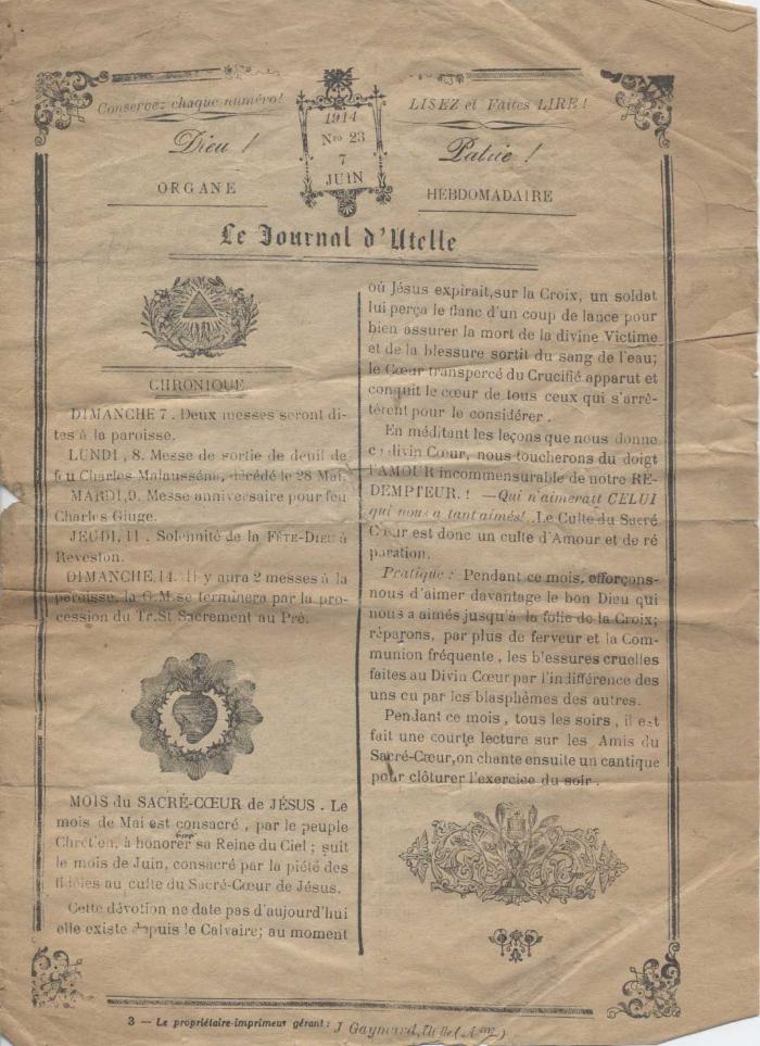 Le journal d'Utelle n°23, 7 juin 1914