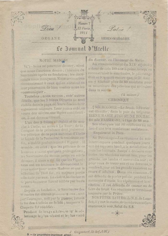 Le journal d'Utelle n°7, 12 Février 1914.
