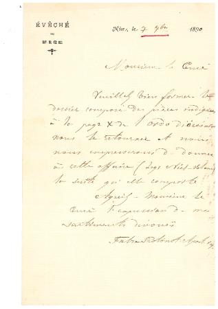[Lettre de l'évêché de Nice au curé de Rigaud, 7/09/1890]