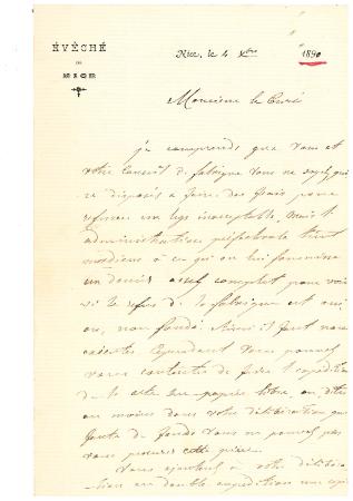 [Lettre de l'administration de l'évêché de Nice au curé de Rigaud le 4/12/1890]
