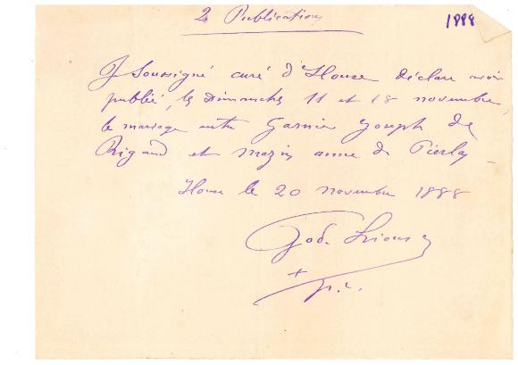 Publication 1888 [certificat de publication de mariage Joseph Gasmir et Anne Mazin]