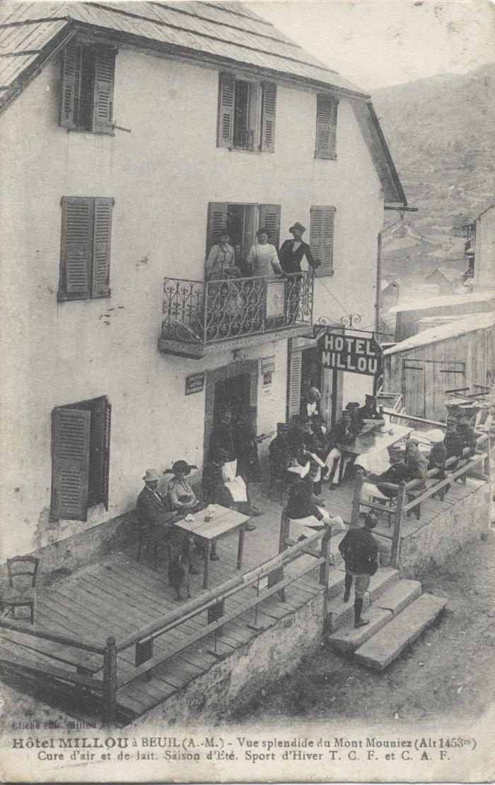 Hôtel Millou à Beuil (A.-M.) - Vue splendide du Mont Mounier (alt. 1453 m) Cure d'air et de lait . Saison d'été.Sport d'hiver T.C.F. et C.A.F.