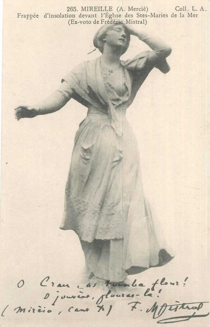 "265. Mireille (A. Mercié) frappée d'insolation devant l'église des Stes-Maries de la Mer"